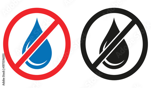 No water or drop icons in red and black, prohibition sign set, no liquid moisture restriction symbols, water drop ban warning icons, safety caution hazard alert graphics, vector