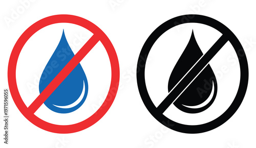 No water or drop icons in red and black, prohibition sign symbols, no liquid allowed warning icons, water drop crossed out design, moisture restriction indicator set, safety hazard prevention concept