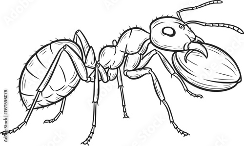 Detailed black and white line drawing of an ant carrying a large food item