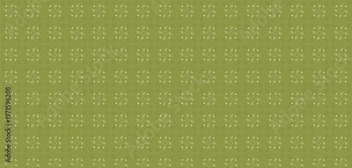 Seamless olive green decorative floral pattern background. Elegant vintage repeating abstract geometric texture design with light green motifs and dots.