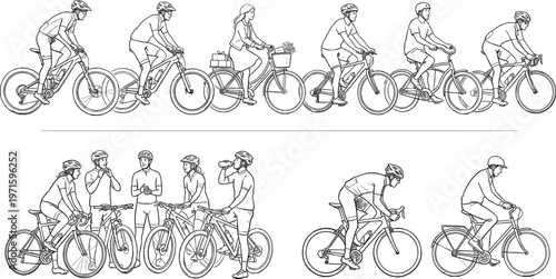 Cycling activity set illustration multiple riders with different poses group biking lifestyle sketch style black and white collection