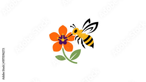 Cartoon Bee Pollinating Orange Flower