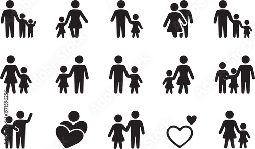 Family relationship icons set showing parents children and couples holding hands for togetherness community and social bond illustrations