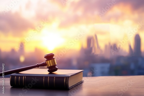 Wooden gavel resting on dark legal book against blurred city skyline at sunset judge justice