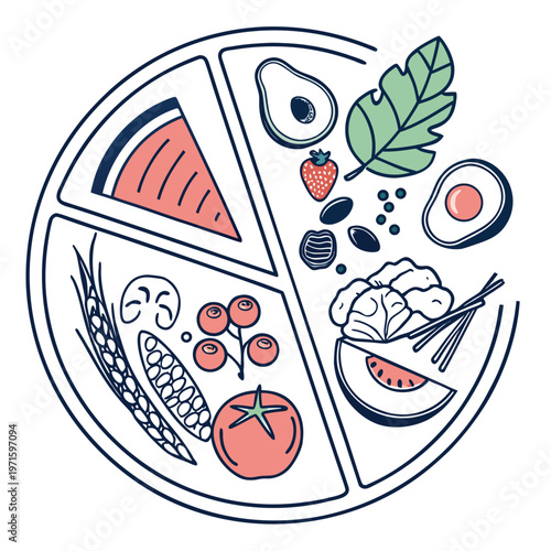 Healthy eating plate graphic with diverse food groups for balanced nutrition