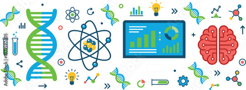 Genetic research science concept with DNA molecules laboratory elements data analysis technology innovation vector illustration design