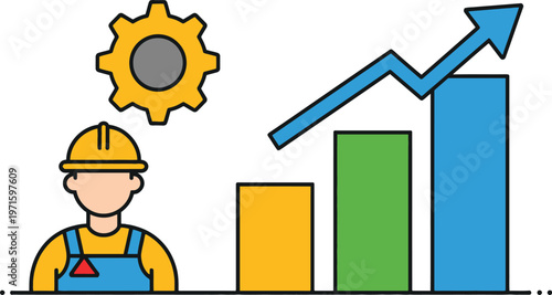 Construction worker with helmet gear and growth chart arrow symbolizing productivity efficiency progress and economic improvement
