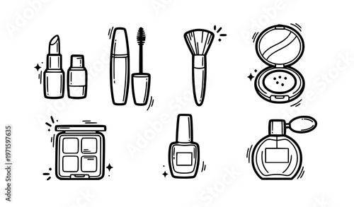 Sticker style makeup doodle icons bold outline beauty cosmetic vector set