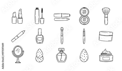 Makeup beauty doodle icon set simple outline fashion cosmetic vector collection