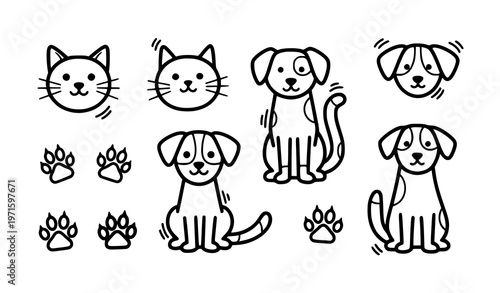 Sticker style cats and dogs doodle icon set bold outline pet characters vector collection