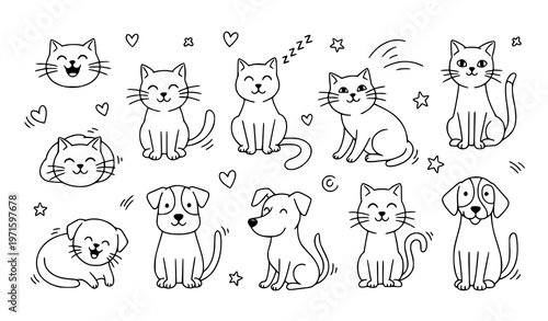 Playful doodle cats and dogs with expressions hand drawn pet icon set outline vector illustration