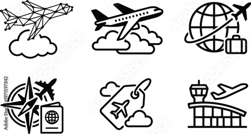 Collection of air travel and tourism icons including airplanes, globe, passport, and airport control tower