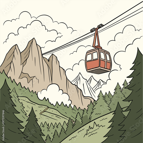 Cable car gondola moving through mountain landscape with pine forest