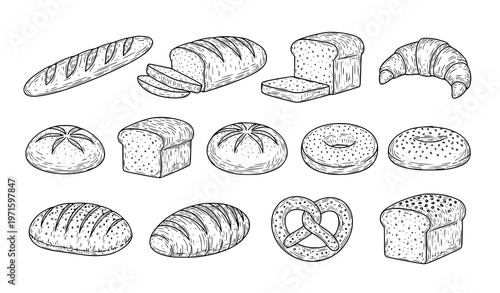 Bread doodle outline icon set hand drawn bakery engraving style wheat products vector collection
