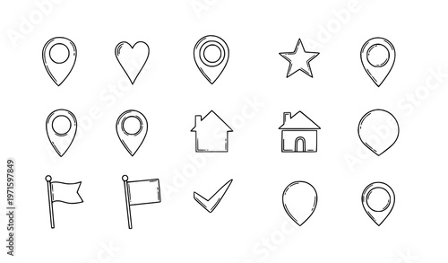 Map pin doodle icon set hand drawn location markers outline vector collection for navigation
