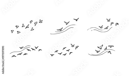 Flying birds doodle line set hand drawn ink flock silhouettes minimal sky vector illustration