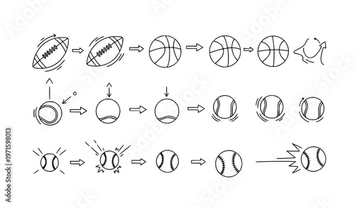 Hand drawn sports ball bounce sequence vector doodle set with motion steps and trajectory arrows
