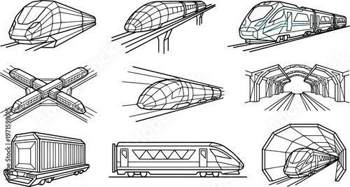 Collection of modern high-speed train illustrations featuring maglev concepts, tracks, and tunnels