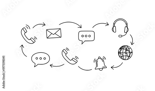 Doodle communication icons connected with lines hand drawn contact network concept vector