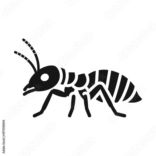 Minimalist ant vector icon, black silhouette of a worker ant insect, stylized garden pest graphic, simple nature bug illustration for logo design and educational biology projects