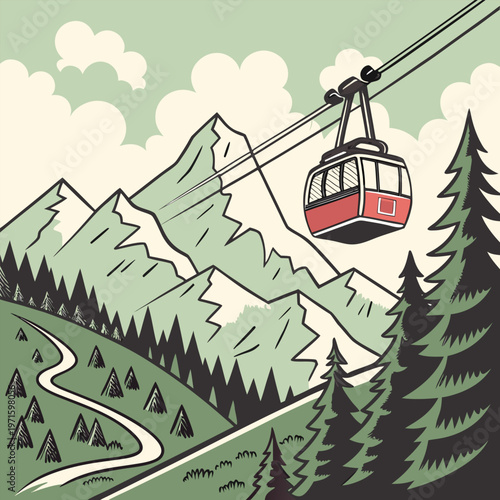 Red cable car gondola over mountain path and pine forest landscape