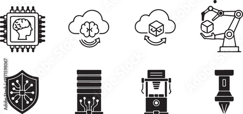 Collection of modern technology and robotics icons in black and white
