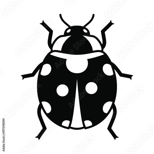 Black and white graphic illustration of a ladybug with spots, viewed from above, in a simple style.