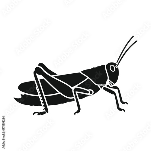 Foto Black silhouette of a grasshopper in profile on a white background, a simple graphic illustration