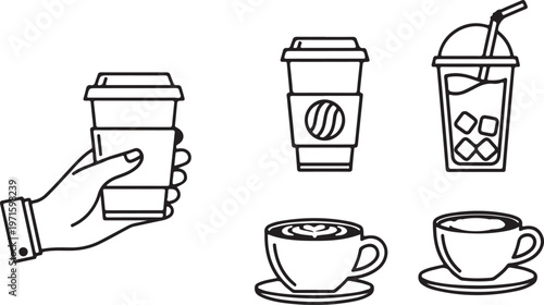 Black line art illustrations of various coffee and tea drinks