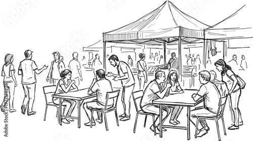 Outdoor cafe scene sketch illustration people dining social gathering street food market tent casual urban lifestyle drawing