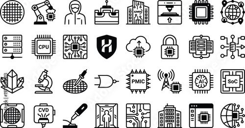 Semiconductor manufacturing and advanced technology icons set for microchips, data, and electronics industry