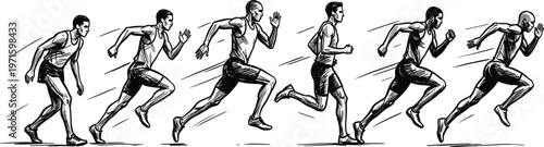 Running man sequence illustration dynamic motion stages athlete sprint progression sketch style black and white action study design