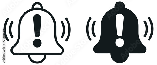 Notification bell icon set, alert symbol vector collection, exclamation mark design indicators, blue red black gray ringing bell notification icons, message alert and reminder system symbols, vector