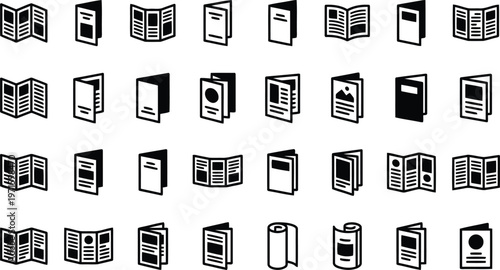 Collection of brochure, booklet, and leaflet icons representing various folded and unfolded paper documents