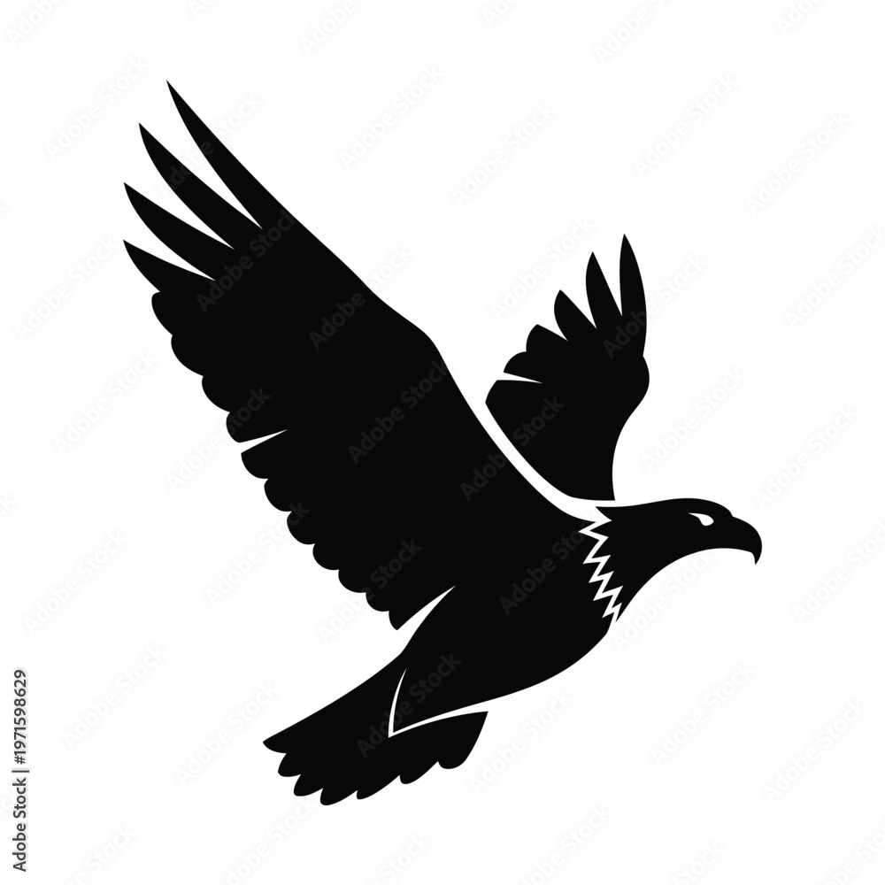 Fototapeta premium Black silhouette of an eagle soaring with wings spread wide, depicted in a stylized graphic design.