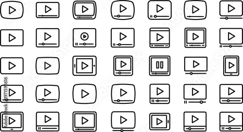 Black and white line art vector icons of players, media interfaces, and play buttons for digital content, set features