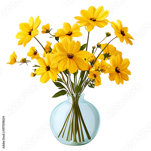 Yellow flowers in round glass vase on transparent background png. png