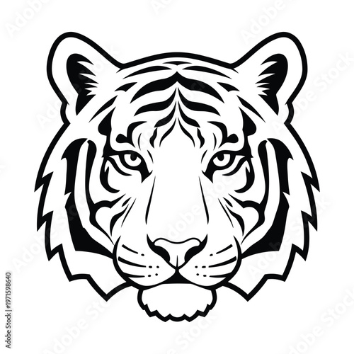 Striking black and white illustration of a tiger's head, featuring detailed stripes and a powerful, symmetrical front-facing gaze.