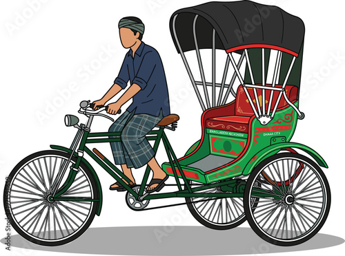 Traditional cycle rickshaw driver with passenger seat colorful vector illustration cultural transport lifestyle urban street mobility concept