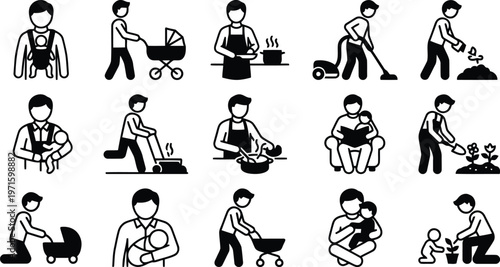 Household chores, childcare, and parenting daily life vector icons set