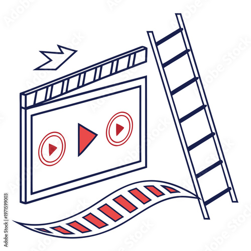 Production concept with play screen, clapperboard, film strip, and ladder graphi