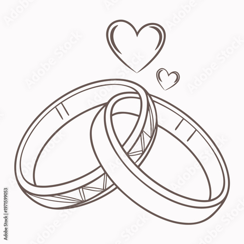 Outline illustration of two interlocking wedding bands with hearts symbolizing