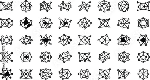 Grid of abstract geometric shapes with interconnected nodes and lines representing networks or data structures