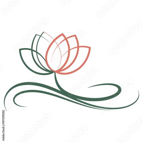 Elegant lotus flower with stylized green stem and swirls on a plain background