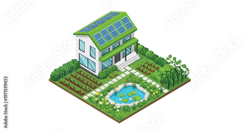 Isometric illustration of a sustainable home with solar panels and garden