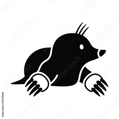 Stylized black silhouette of a digging mole with front paws and claws.