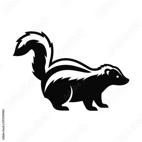 Stylized black and white illustration of a skunk with a bushy tail and distinctive white stripes, depicted in a simple graphic style.