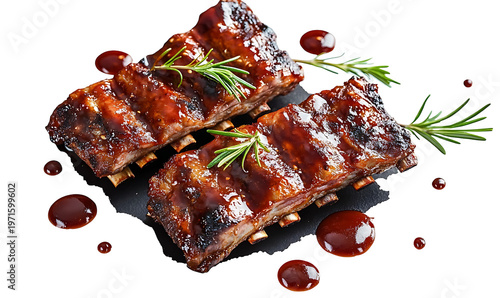 BBQ pork ribs glazed with dark sauce and garnished with rosemary sprigs png. png