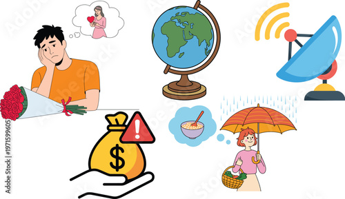 Illustration Set of Emotional Struggles and Global Connections with Money, Weather, and Love for Websites, Apps, and Digital Media Designs