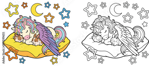Sleeping Winged Unicorn and Bunnies on a Pillow with Stars and Moon Cute Coloring Page